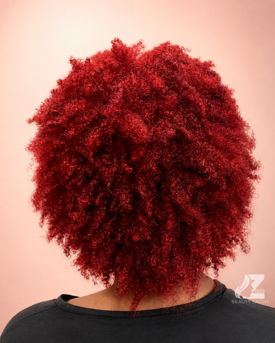 Bright red color on natural curly texture