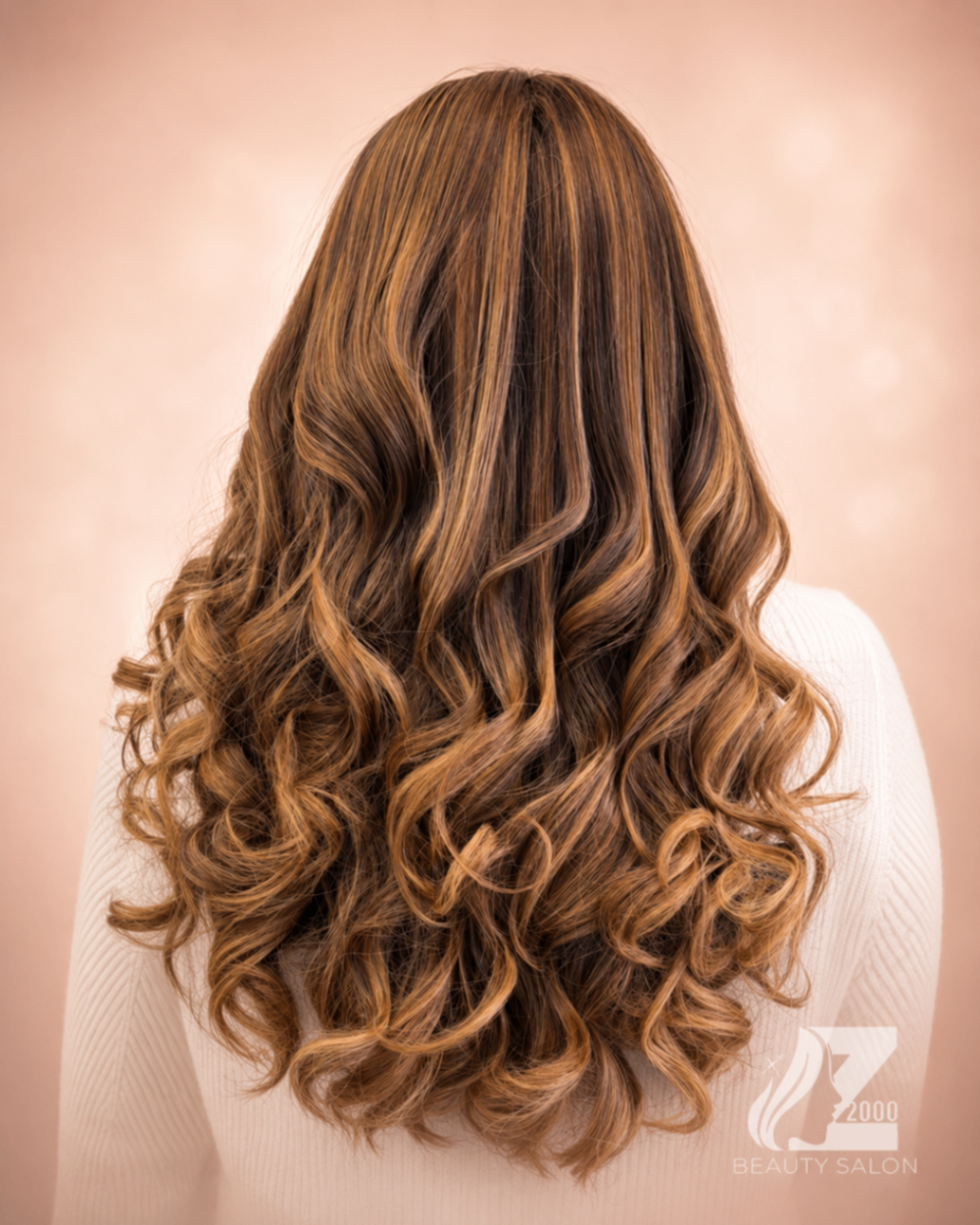 Caramel highlights with bouncy curled blowout